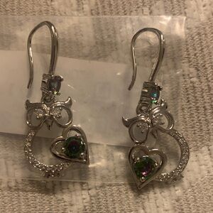 Owls Silver Heart & Bow Drop Earrings with Mystic Green Stones